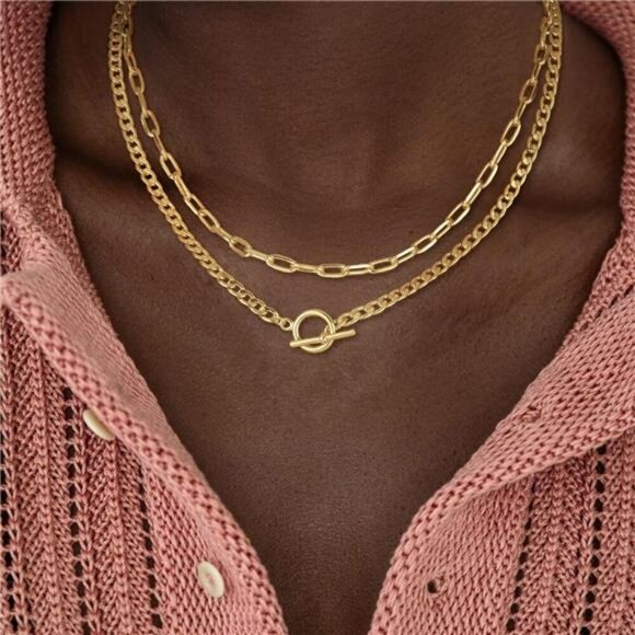 CHESKY Gold Layered Necklace Set Paperclip Toggle Cuban Link Chain Jewelry - Picture 3 of 7